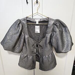 H&M Silver Metallic Puff-Sleeve Tie-Front Blouse